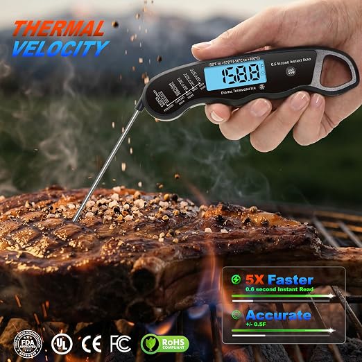 0.6S Instant Read Digital Meat Thermometer Pen for Outdoor BBQ, Grilling, Smoking, Oven Baking, Oil, Candy with Factory-Calibrated Waterproof Magnetic Backlit Flip Display, Motion Sensor.