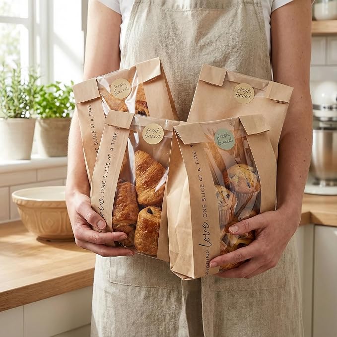 Beautiful Bread Bags for Homemade Bread - Clear Window Bags Keep Your Sourdough Loaves Fresh for Days & are Great for Gifting Homemade Bread - Perfectly Sized Bakery Paper Packaging for Baked Goods
