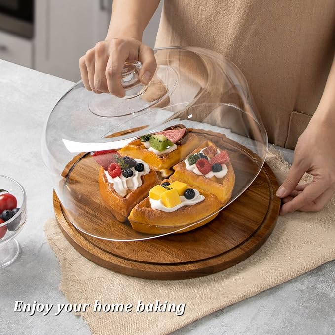 ANBOXIT Cake Stand with Dome Lid, Acacia Wood Cake Plate with Cover, Wooden Cake Display Stand with Acrylic Dome - Flat