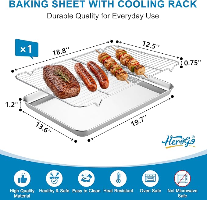 Herogo Large Baking Sheet with Wire Rack Set(1 Pans + 1 Racks), 20 x 14 x 1 Inch Stainless Steel Big Cookie Pan Set for Baking & Roasting, Rust & Warp Resistant & Nonstick