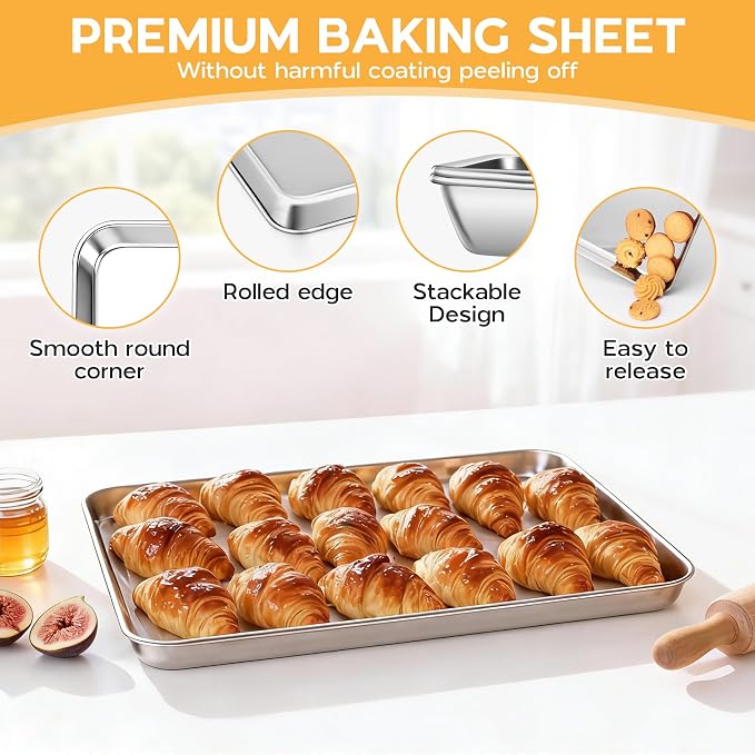 Onader Baking Cookie Sheet Set of 6, 20 x 14 Inch Stainless Steel Large Baking Sheet Pan, 1 Inch Deep Metal Oven Pan Tray for Oven, Easy Clean & Dishwasher Safe