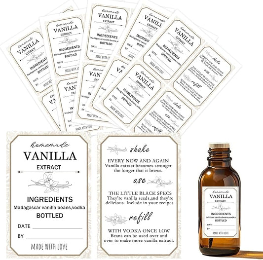 1.5x2.36 Inch Homemade Vanilla Extract Stickers with Instructions Madagascar Vanilla Beans and Vodka Extract Stickers for Handcrafted Herb Bottles,Kitchen Pantry,Jar 100 Pcs