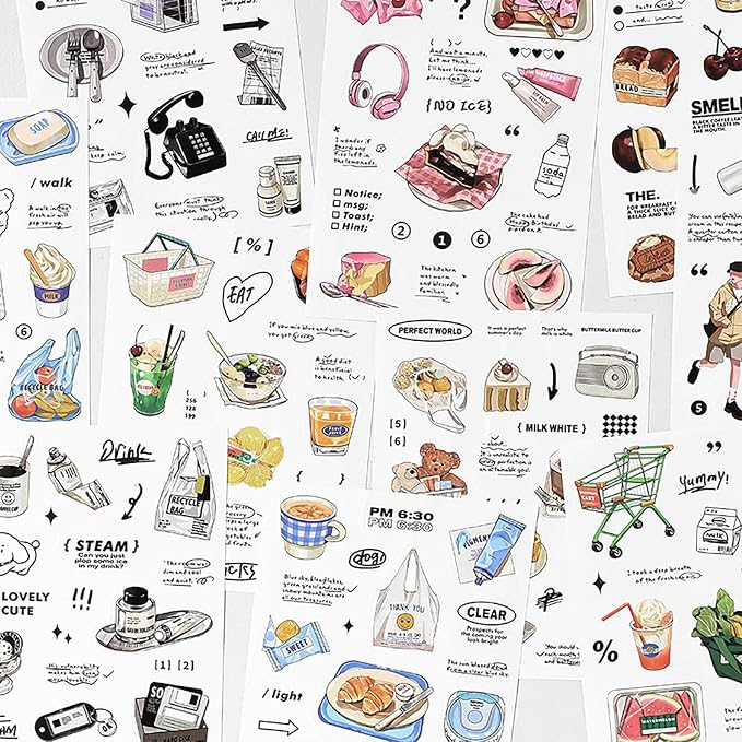 Maxleaf 12Sheets Vintage Adhesive Stickers for Scrapbook Decoration, Retro Foods Bread Fruits Bagel Convenience Store Stickers for Daily Life Diary Album Decoration