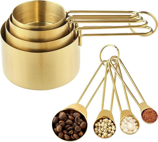 Measuring Cups and Spoons Set, Kaloo 8PCS Stainess Steel Metal Measuring Cups, Gold Finish, Ideal for Cooking and Baking