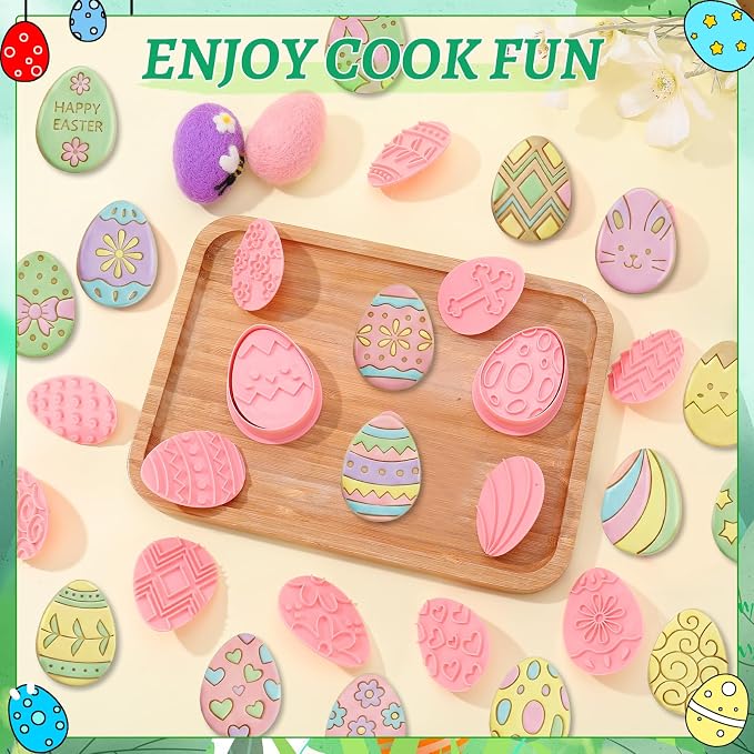 Jspupifip 20 Pcs Easter Eggs 3D Cookie Cutters Bulk, Oval Shaped Cookie Stamps DIY Press Cutters for Happy Easter Cookie Cutters Party Baking Supplies