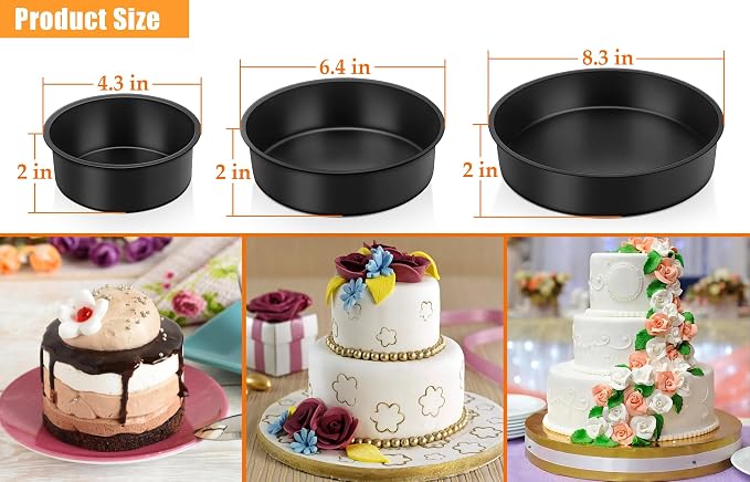 TeamFar Cake Pan, 4'' / 6''/ 8'' Round Baking Tier Pan Set, with Non-Stick Coating Stainless Steel Core, for Steaming Serving, Healthy & Heavy-Duty, Release Easily & Easy Clean, Set of 3, Black