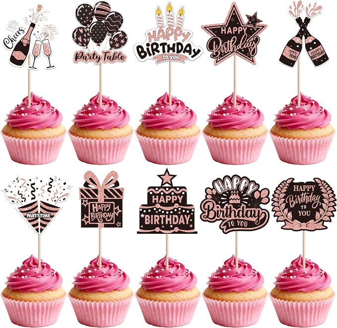 40 PCS Happy Birthday Cupcake Toppers Double Sided Balloon Star Cheers Party Time Happy Birthday Cupcake Picks for Celebrating Anniversary Theme Party Cake Decorations Supplies Black Rose Gold