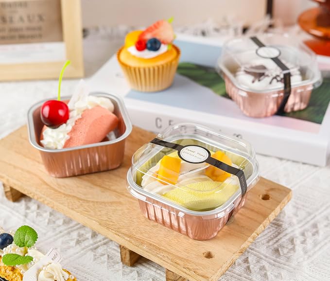 NPLUX 50 Pack Mini Cake Pans with Lids and Spoons Aluminum Foil Pans Square Cake Tins for Bakery Party Wedding, Graduation Gifts Party Favors(Champagne Color,5 oz)
