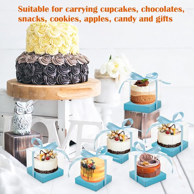 12 Pack Clear Plastic Cupcake Boxes, 3.5 Inch Gold Single Cupcake Containers Disposable Individual Cup Cake Carrier Holder Boxes with Inserts and Ribbon (Blue)