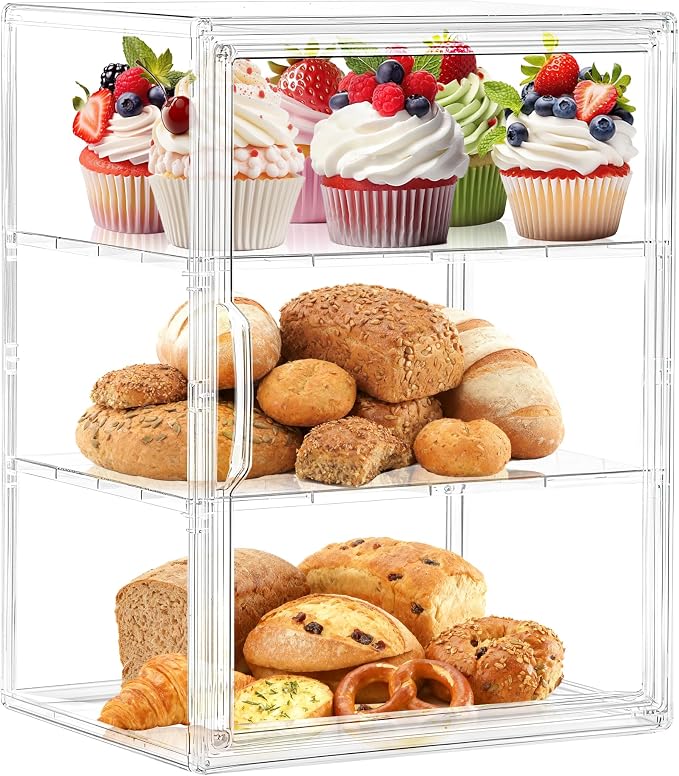 SANKEU Pastry Display Case,Bread Box for Kitchen Countertop,3 Layers Adjustable Clear Bread Storage with Magnetic Door Small Bakery Pastry Display,1 Pack