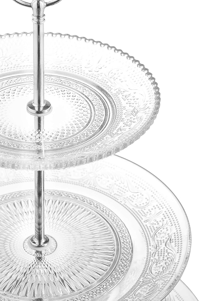 Royalty Art 3-Tiered Serving Stand (Glass) Beautiful, Elegant Dishware Serve Snacks, Appetizers, Cakes, Candies Durable, Reusable Party or Holiday Hosting (Silver) (1) (1)