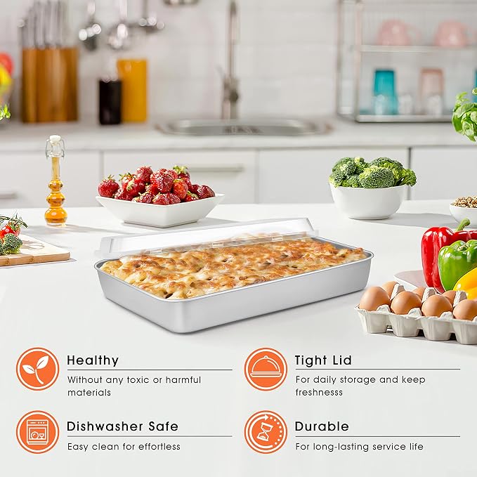 Herogo Cake Pan with Lid (3 Pans + 3 Lids), 9.4/10.5/12.4 Inch Rectangle Stainless Steel Baking Set Multisizes, for Brownies Casseroles Cakes, Dishwasher Safe