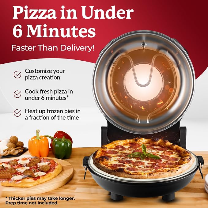PIEZANO 12" Electric Pizza Oven Indoor Countertop Pizza Maker | Heats to 800˚F, Ceramic Stone for Crispy Crust Pizza, Cooks in Under 6 Minutes, Dual Heat Controls, Peels & Scraper Included