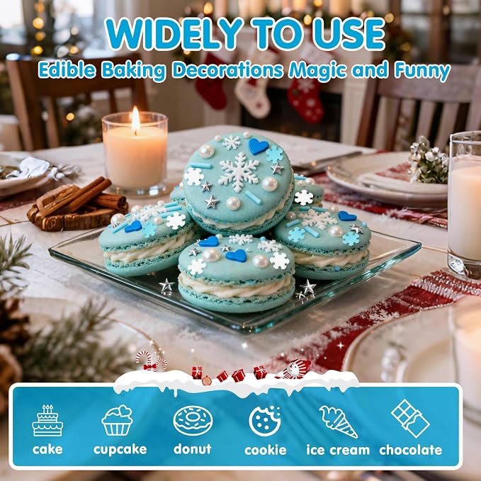 Edible Snowflake Sprinkles,Frozen Sprinkle for Cake,Blue Heart White Snowflake Silver Star Pearl Jimmies Mix,130g/4.58oz,Winter Snow Sugar Pearls Sprinkles for Decorations Baking,Cake Ice Cream Cookies Cupcake Topper Chocolate,Birthday Children Party D...