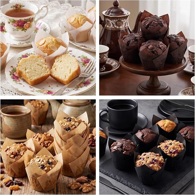 200 Pcs Tulip Cupcake Liners for Baking, White Natural Brown Black | Standard Greaseproof Tulip Muffin Liners for Baking, 3oz Paper Cupcake Wrappers for Party Wedding Birthday