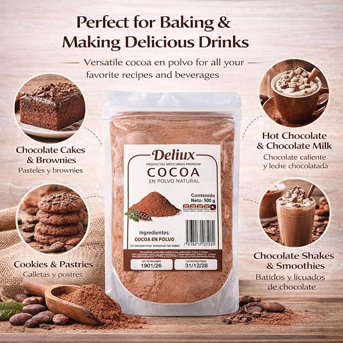 Deliux Cocoa Powder Cacao En Polvo 100% Natural Oaxaca Artisanal 500g Unsweetened Mexican Cocoa