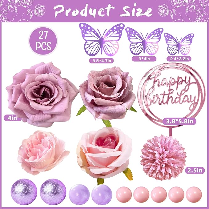 Flower Cake Toppers, Happy Birthday Rose Gold Cake Decorations with Artificial Flowers Butterfly Balls for Wedding Baby Shower Birthday Party Supplies (Purple)
