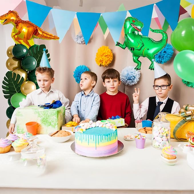 2 Sets Dinosaur Balloon Column Stand Kits Adjustable Green Gold Balloons Column Kit with Monstera Jungle Dinosaur Themed Tower Stand Kit for Dinosaurs Birthday Kids Baby Shower Party Supplies