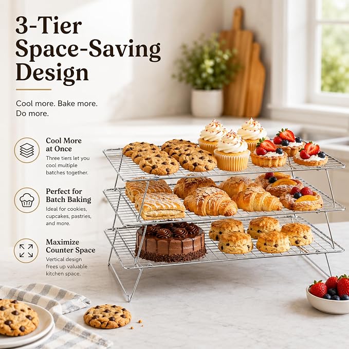Cooling Rack, 3 Tier Stackable Cooling Racks for Cooking Baking Roasting, Multi-Level Collapsible Cookie Rack for Cakes, Oven Safe & Easy Clean (Silver, 3-Tier)