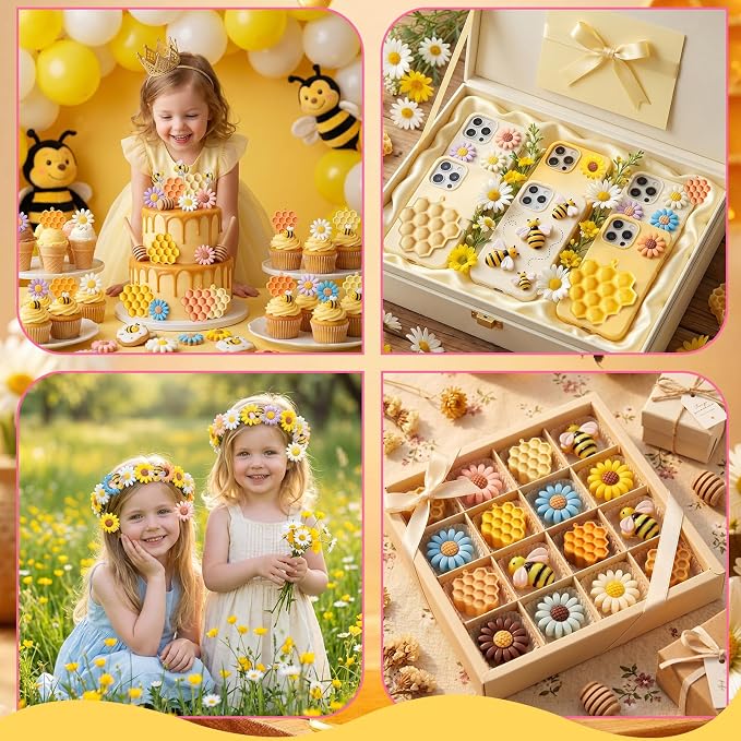 MEMOVAN Bumble Bee Silicone Mold 4Pcs Honeycomb Fondant Mold Sunflower and Bee Candy Molds Bee Hive Chocolate Molds for Cupcake Cake Decoration Dessert Chocolate Gum Paste Polymer Clay