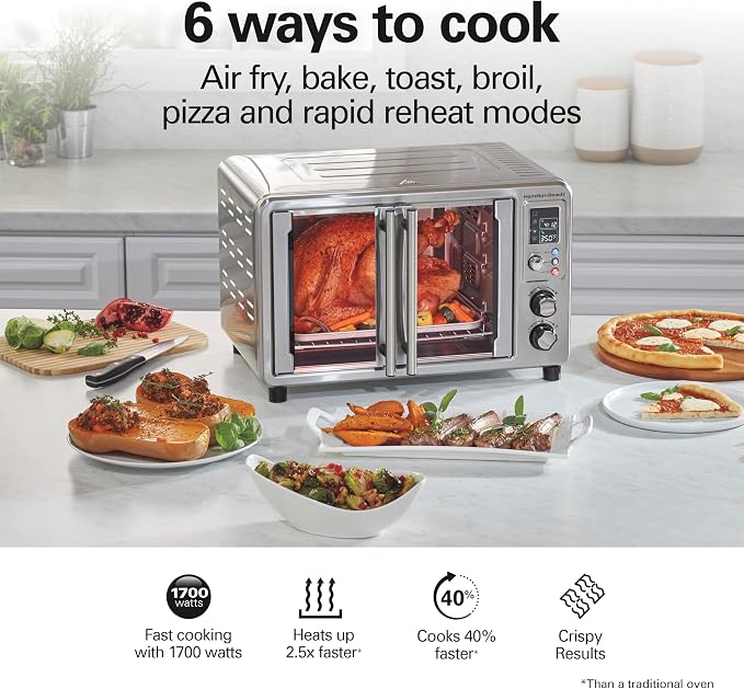 Hamilton Beach 6-in-1 XL Digital Air Fryer Toaster Oven Combo, With Easy-Access French Doors, Bake, Broil, Toast, Pizza & Reheat Functions, 0.9 cu. ft. Capacity, Stainless Steel (31191)