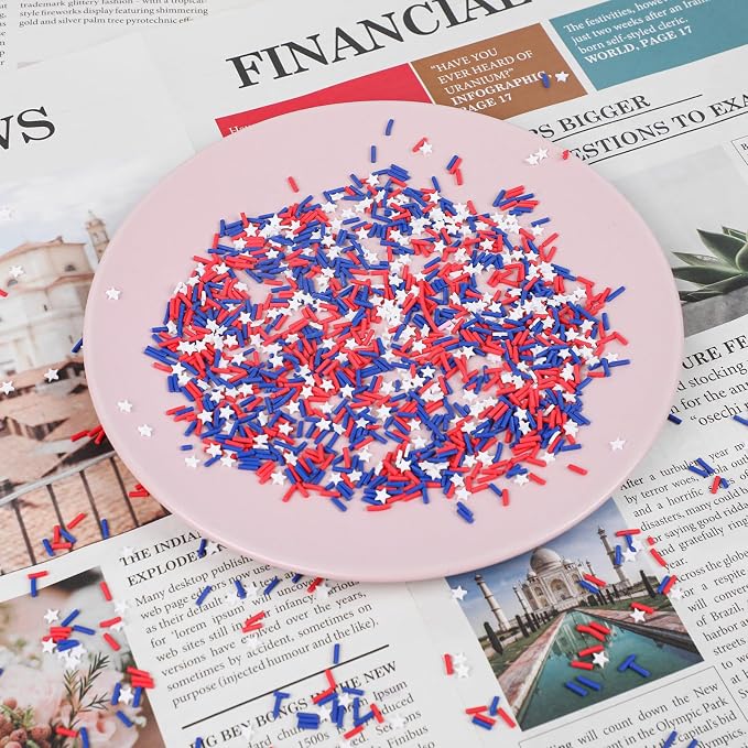 DIYASY 180g Patriotic Fake Sprinkles, 6.35 oz Non-edible Resin Sprinkles Independence Day Faux Plastic Candy Sprinkle Polymer Clay Slices for Nail Art DIY Crafts Cake Phone Case (Patriotic)