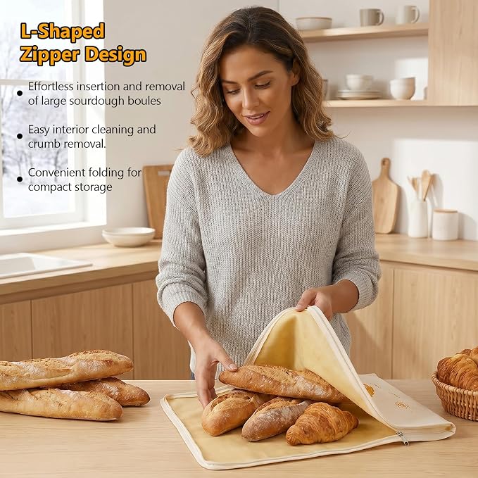 Natural Beeswax Bread Bags for Homemade Bread - Yodeler 2 Pack XL Reusable Organic Cotton Sourdough Bag, Food Storage Cloth Bag Freezer-Friendly with Zip to Keep Fresh (Natural beeswax)