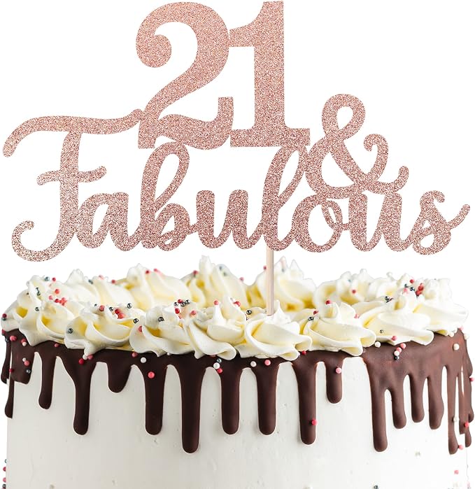 1 PCS 21 & Fabulous Cake Topper Glitter Twenty One and Fabulous Cake Toppers Happy 21st Birthday Cake Pick for 21st Wedding Anniversary Birthday Party Cake Decorations Supplies Rose Gold