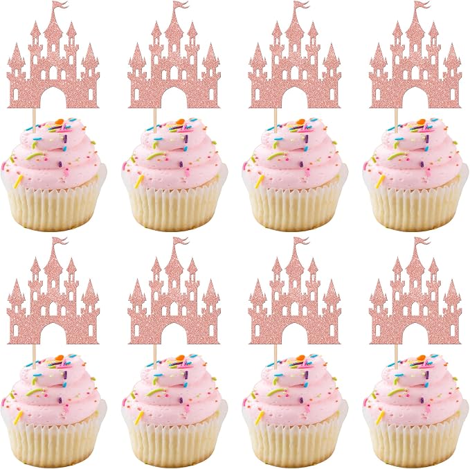 24 PCS Castle Cupcake Toppers Glitter Queen Princess Castle Cupcake Picks Castle Theme Birthday Party Decoration for Princess Birthday Girls Baby Shower Party Cake Decorations Supplies Rose Gold