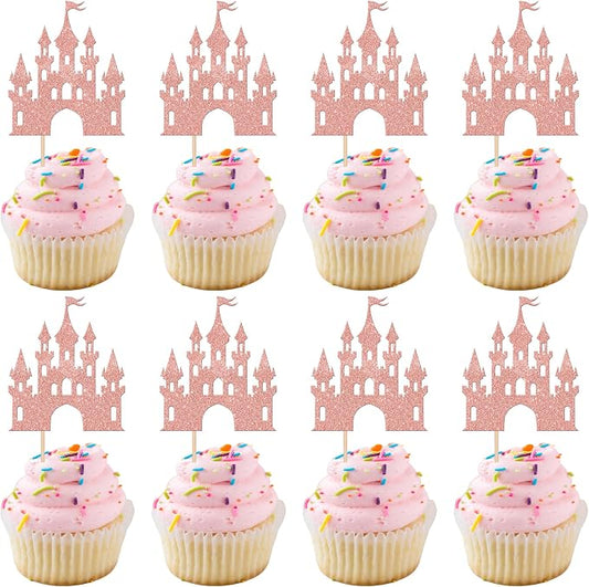 24 PCS Castle Cupcake Toppers Glitter Queen Princess Castle Cupcake Picks Castle Theme Birthday Party Decoration for Princess Birthday Girls Baby Shower Party Cake Decorations Supplies Rose Gold