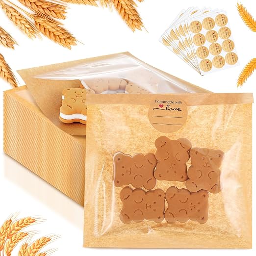 Outus 100 Pcs Cookie Packaging Bags with Seal, 5 x 5 Inch Bakery Pastry Bags with Window, Heat Sealable Grease Resistant Paper to Go Bake Sleeves for Gift Giving Donut Bread Sandwich (Brown)
