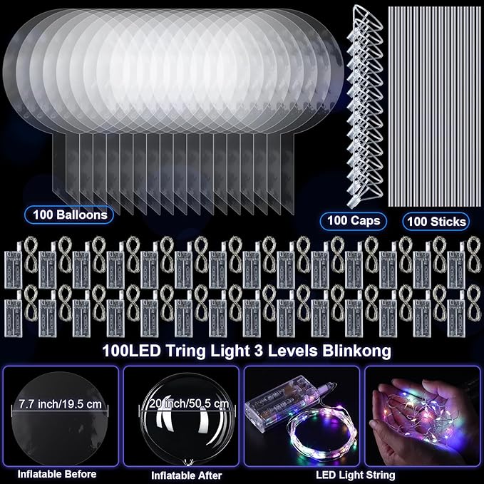 Libima 100 Pcs Light up LED Balloons Bulk 20 Inches Clear Flashing Glow in The Dark Balloon with Handles and String Lights for Easter Holiday Wedding Birthday Party Yard Outdoor Decoration (Colorful)