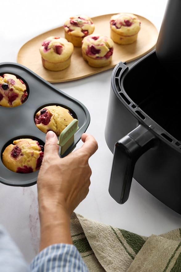 Lékué Air Fryer Muffin Mold - Make 4 Muffins in under 30 mins - 100% Platinum Silicone Baking Pan for Air Frying, Fits in Draw Tray, Pull-up Handles for Easy Removal, Non-Stick, Easy De-Molding