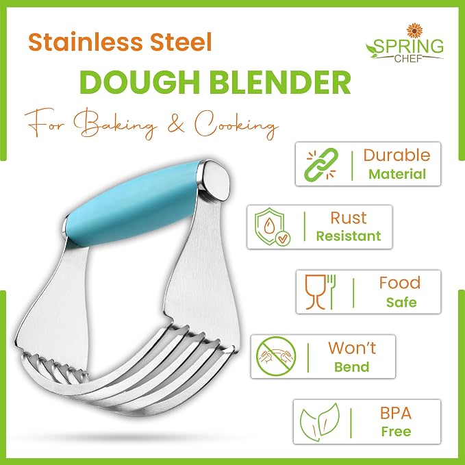 Spring Chef XL Stainless Steel Pastry Cutter Tool for Baking - Heavy Duty Dough Blender - Butter & Dough Cutter Tool with Sharp Blades - Pastry Blender for Easy Mixing - Dishwasher Safe - Aqua Sky