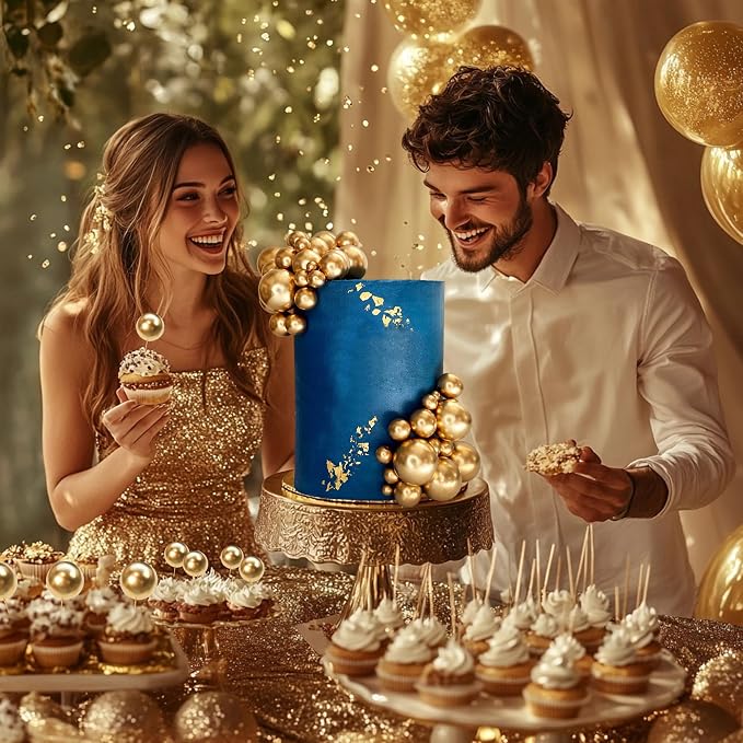 56 PCS Ball Cake Picks Gold 4 Sizes for DIY Baking Decoration Cupcake Toppers and Wedding Anniversary Birthday