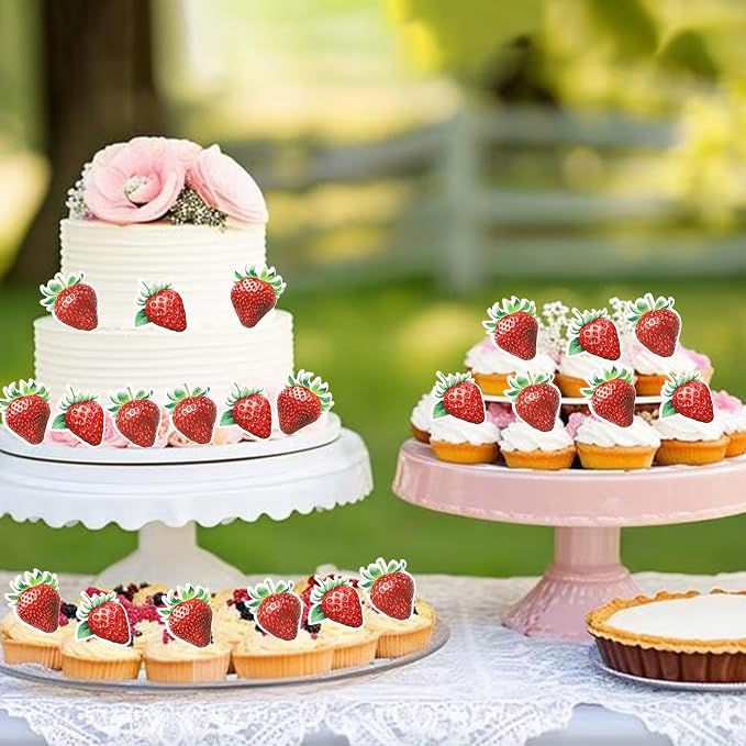 60 PCS Edible Strawberry Cupcake Toppers Wafer Paper Sweet Strawberry Birthday Cake Decorations Edible Berry Strawberry Cupcake Picks for Baby Shower Wedding Birthday Party Food Decorations Supplies