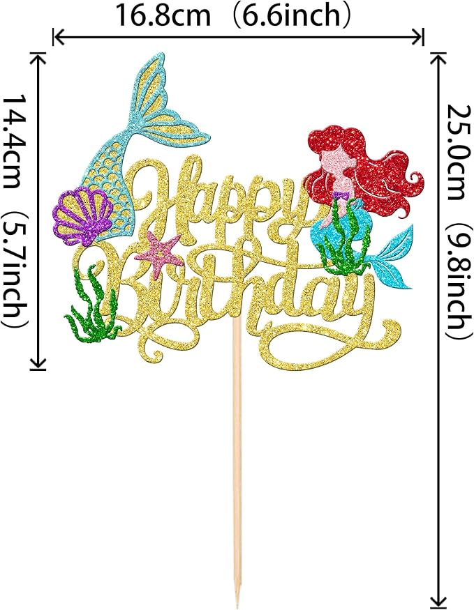 1 PCS Mermaid Happy Birthday Cake Topper - Glitter Mermaid Tail Cake Decoration with Ocean Starfish, Seawood, Seashells for Under the Sea Theme Baby Shower Birthday Party Supplies - Gold