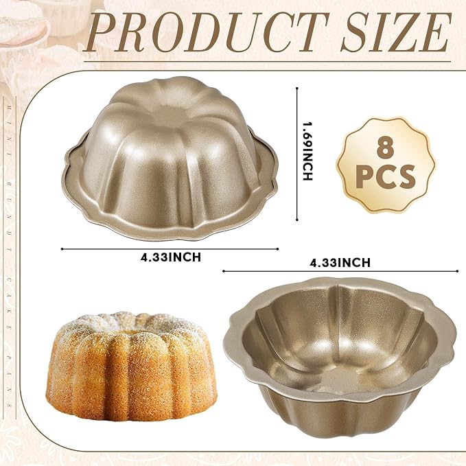 Ctosree 8 Pcs 4 Inches Fluted Mini Cake Pan Nonstick Fluted Cake Pan Carbon Steel Tube Metal Tube Oven Baking Mold with Flower Shape for Cupcake (Gold)