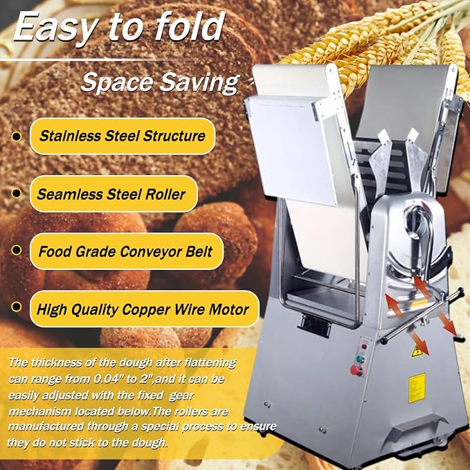 Commercial Electric Dough Sheeter Machine Stainless Steel Vertical Foldable Design 82.3"x19.7" Conveyor Belt 0.04-2" Adjustable Thickness for Croissant Pastry Bakery Canteen 110V