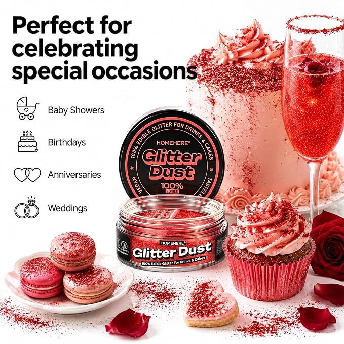 HomeHere Edible Glitter for Drinks & Cakes, 10g Food Grade Disco Diamond Glimmer Dust, Sparkle Powder for Cocktails, Chocolate, Baking Decorations, Vegan& Tasteless (Burgundy)