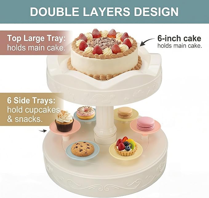 Cupcake Holder, 2 Tier 360 Rotating 8.7x8.7x4.5 inch Cup Cake Holder, Cupcake Containers with 6 Small Trays, for Wedding Birthday Party Supplies
