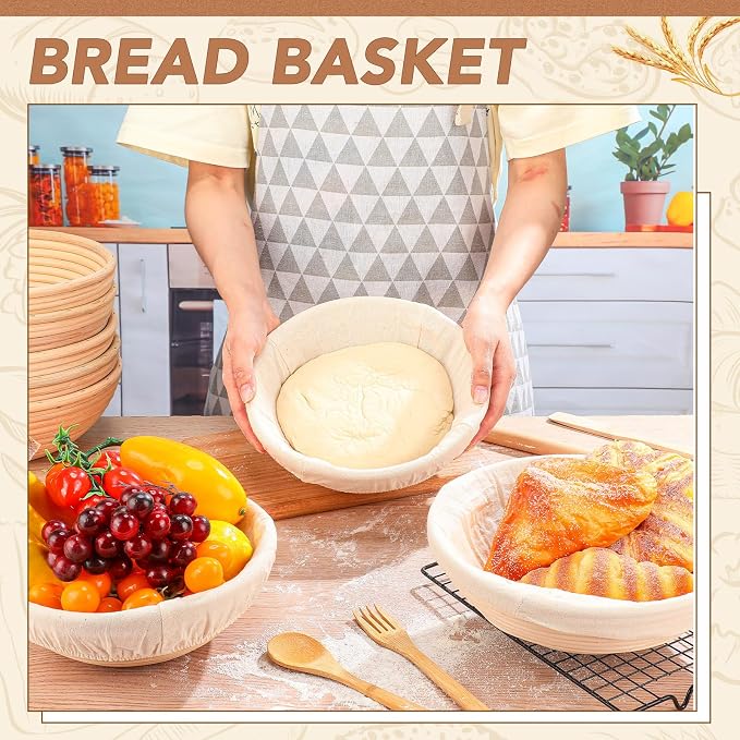 Patelai 10 Pieces Banneton Bread Proofing Basket Round Sourdough Proofing Basket Banneton Basket Dough Bowl with Liners and Scrapers for Home Making Bread Bakers Baking(9 Inch)
