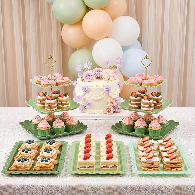 FoldTier 6 Pack Cupcake Stand Set 3 Pcs 3 Tier Gradient Dessert Table Display Stands Cookie Tray Rack 3 X14 in Rectangle Party Trays for Wedding Birthday Tea Party Baby Shower(Green,Rectangle)