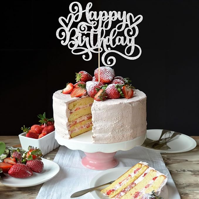 Gyufise 1Pcs Happy Birthday Cake Topper Glitter Cake Pick for Celebrating Anniversary Party Cake Decorations Supplies Silver