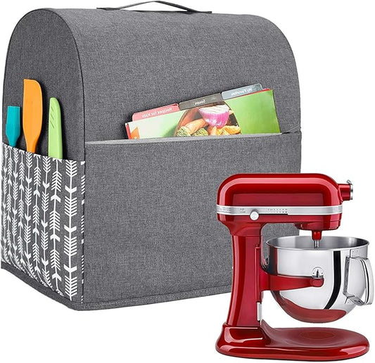 YARWO Stand Mixer Dust Cover Compatible with KitchenAid Mixer 6-8 Quart | Top Handle, Side Pockets for Kitchen Supply, Dust-proof Protective Cover for Bowl-Lift 5.5/6/7 qt, Washable, Gray with Arrow