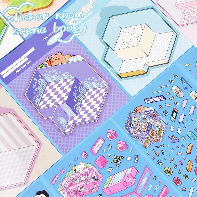 20 Sets DIY 3D Sticker Scene Collection Book DIY 3D House Stickers Make Your Own Sticker Therapy Cute Cartoon Stickers Scenes for Relief Stress Pass The Time
