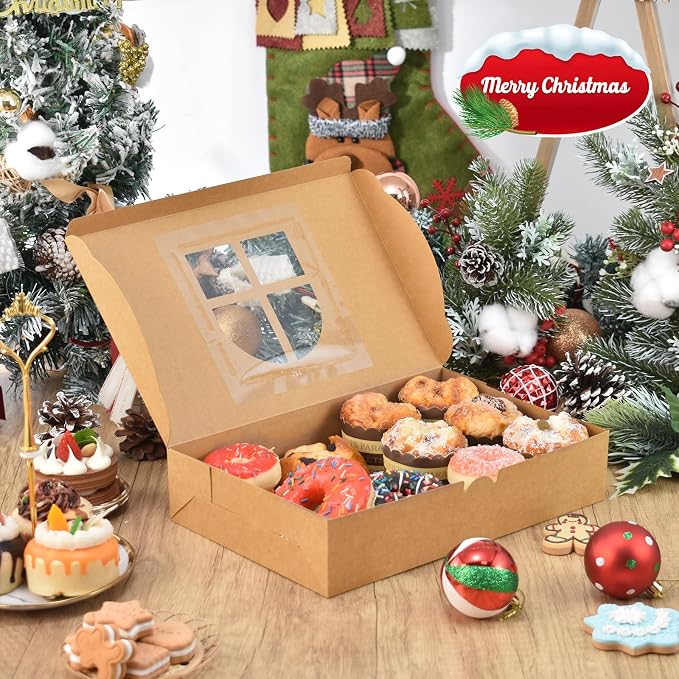 COTOPHER 18Pcs Christmas Cookie Boxes with Window, 12x8x2.5 inch Brown Bakery Boxes for Gift Giving, Kraft Treat Boxes Dessert Boxes for Cakes Donuts Chocolate Strawberries Pastries Muffins