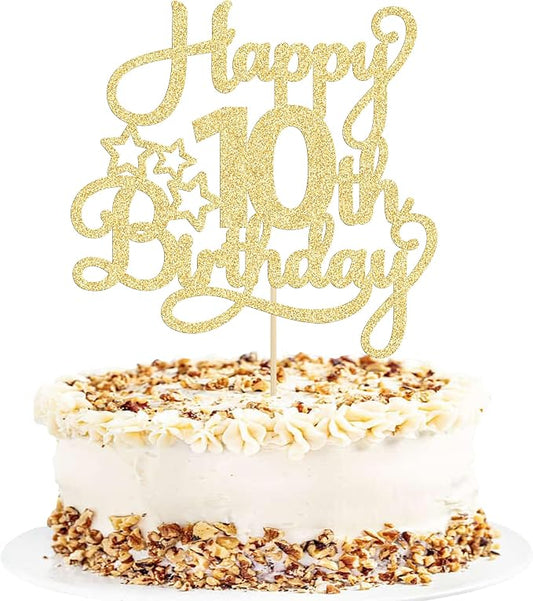 1 Pack Happy 10th Birthday Cake Topper Glitter Heart Star 10 Fabulous Cake Pick Birthday Sign Cake Decorations for Children 10th Birthday Theme Party Supplies Gold