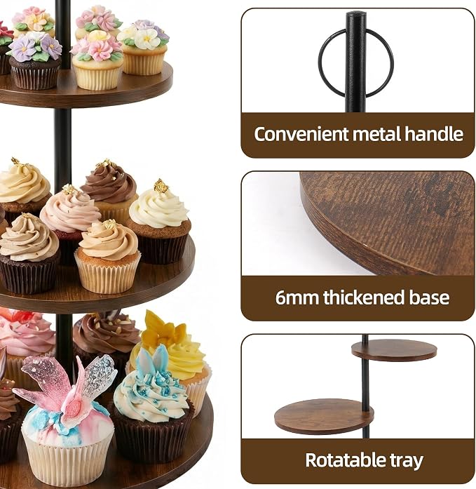 Wooden Cupcake Stand Set of 2, 3 Tier Rotating Dessert Tower & 4 Tier Stackable Cupcake Stand, Rustic Cake Display Rack for Wedding Birthday Baby Shower Graduation Christmas Halloween Party