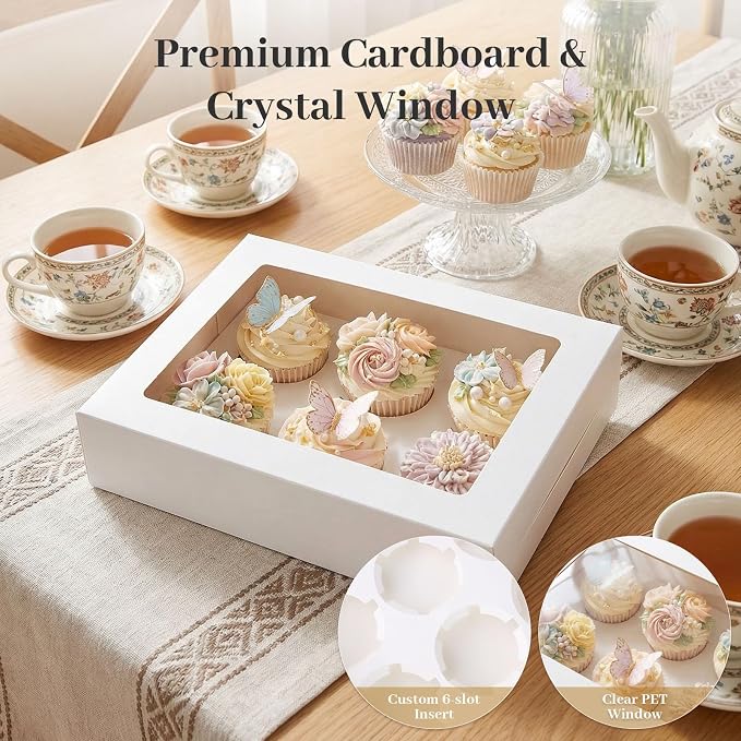 VGOODALL 6 Count White Cupcake Boxes, 15 Pack Cupcake Containers, 9.5 x 6.3 x 3 inches, Holding 90 Pastry Box for Birthday Holiday Party Bakery Supplies